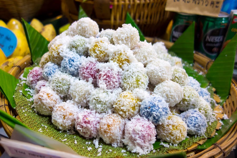 Gluten free coconut balls (Khanom Tom Khao) in Thailand