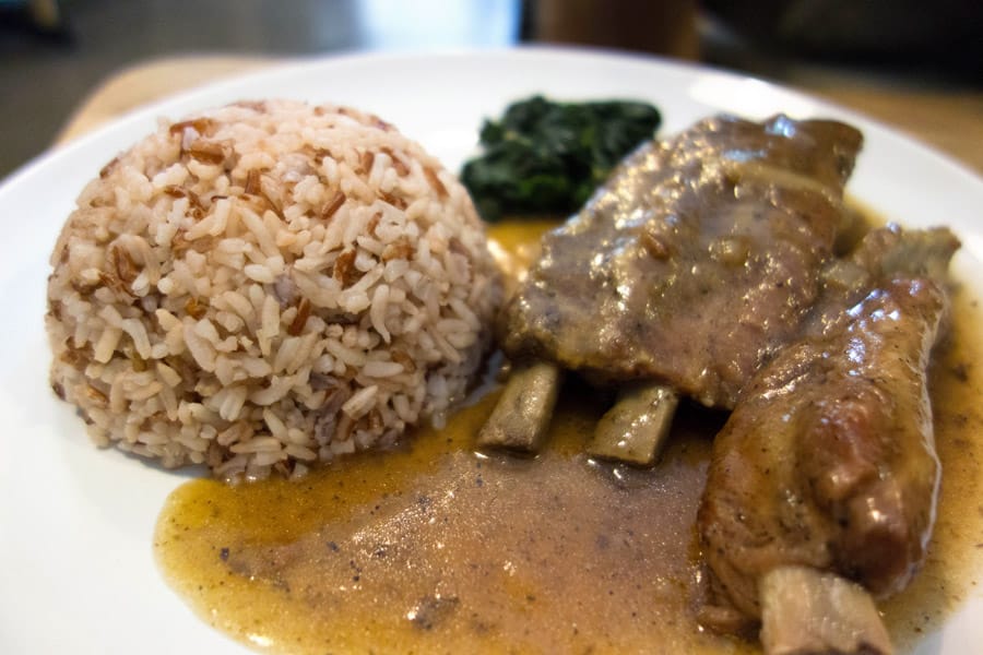 Gluten Free Roasted Pork with Brown Rice from Theera in Bangkok Thailand