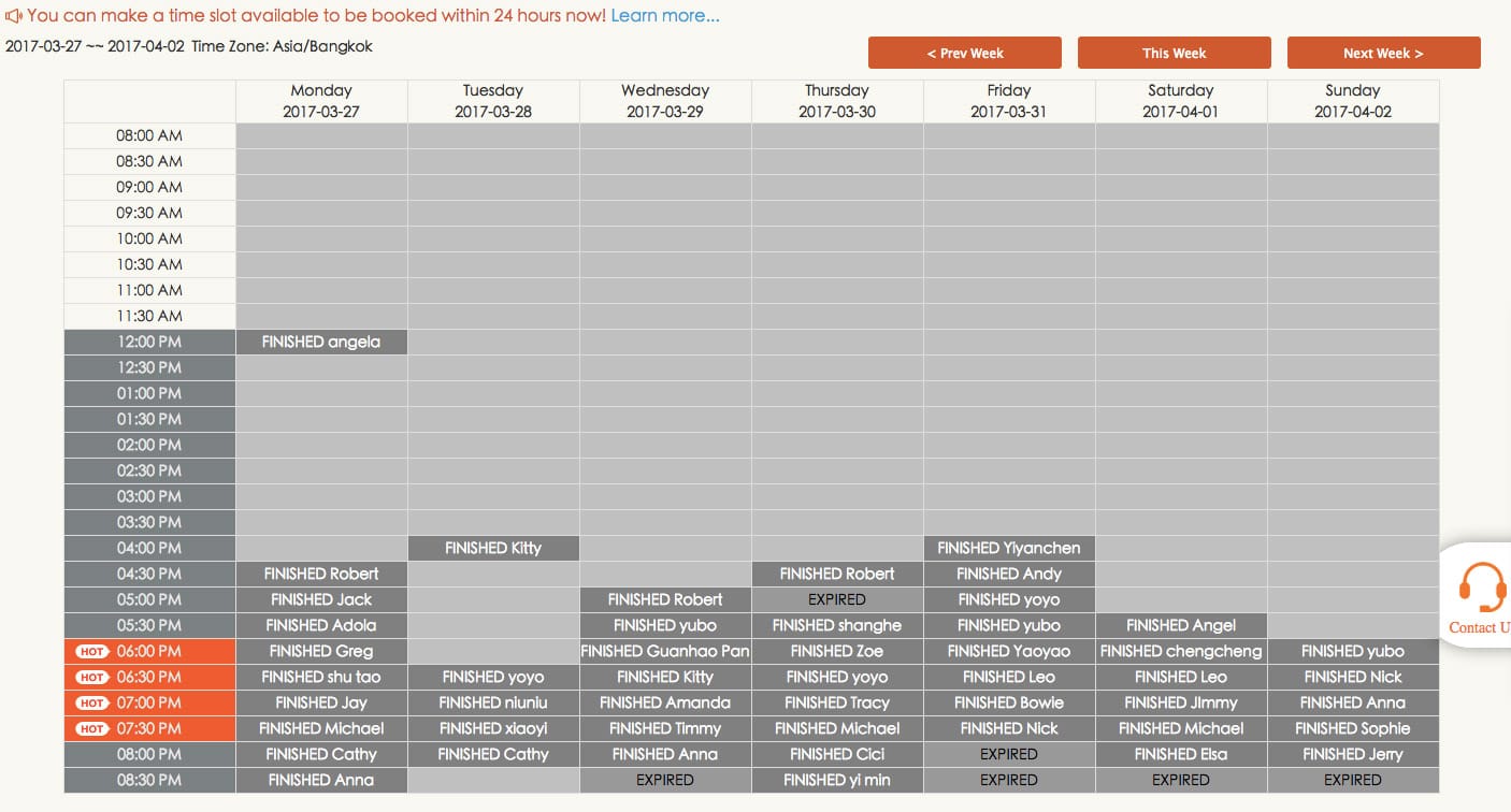 VIPKID Schedule Example