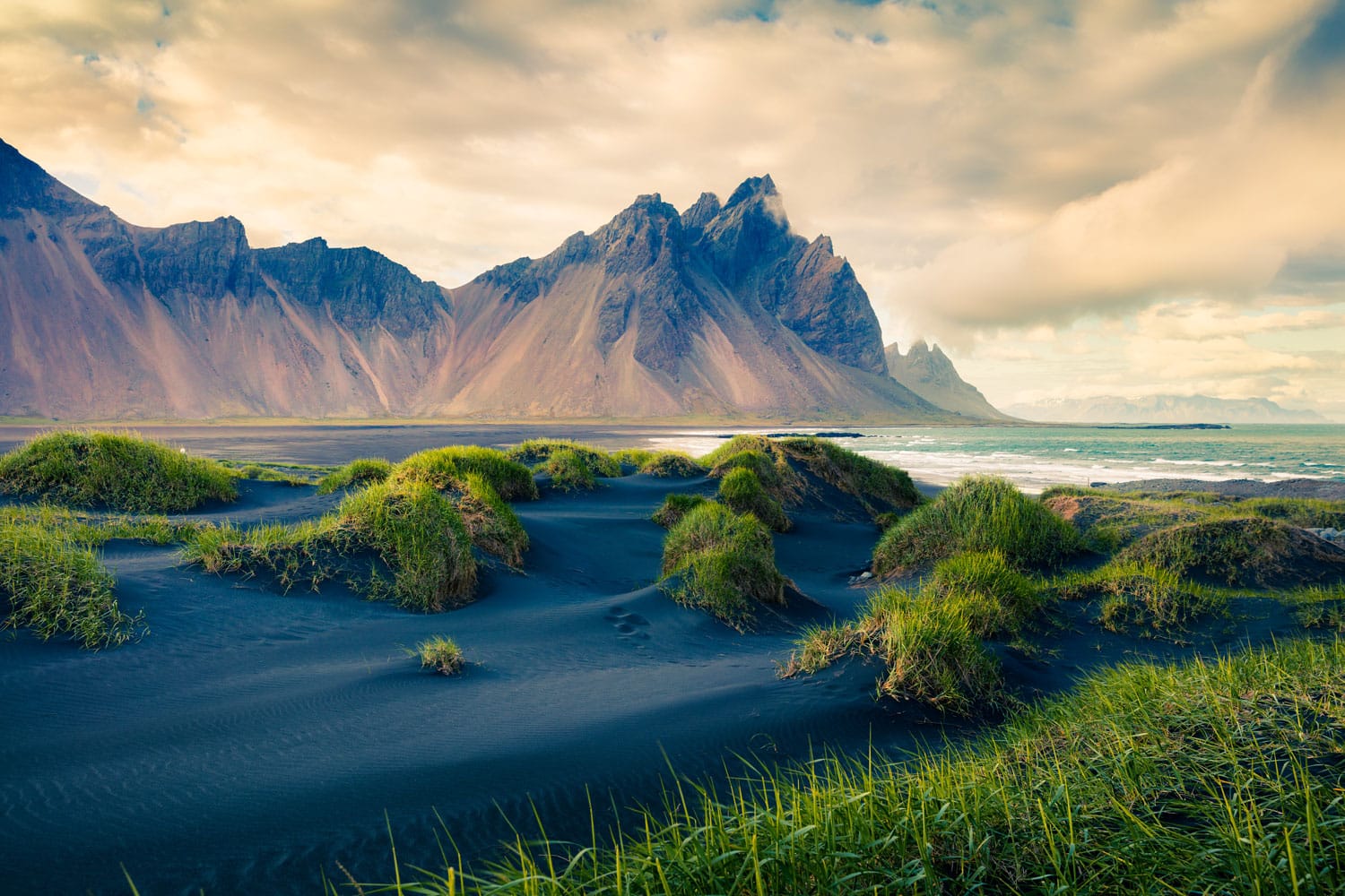 Black sand dunes on the Stokksnes headland on southeastern Icelandic coast.