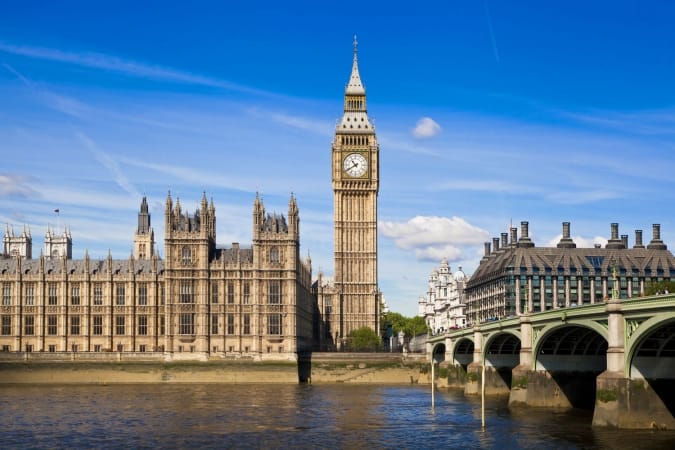 Big Ben and houses of Parliament on the river Thames, London UK