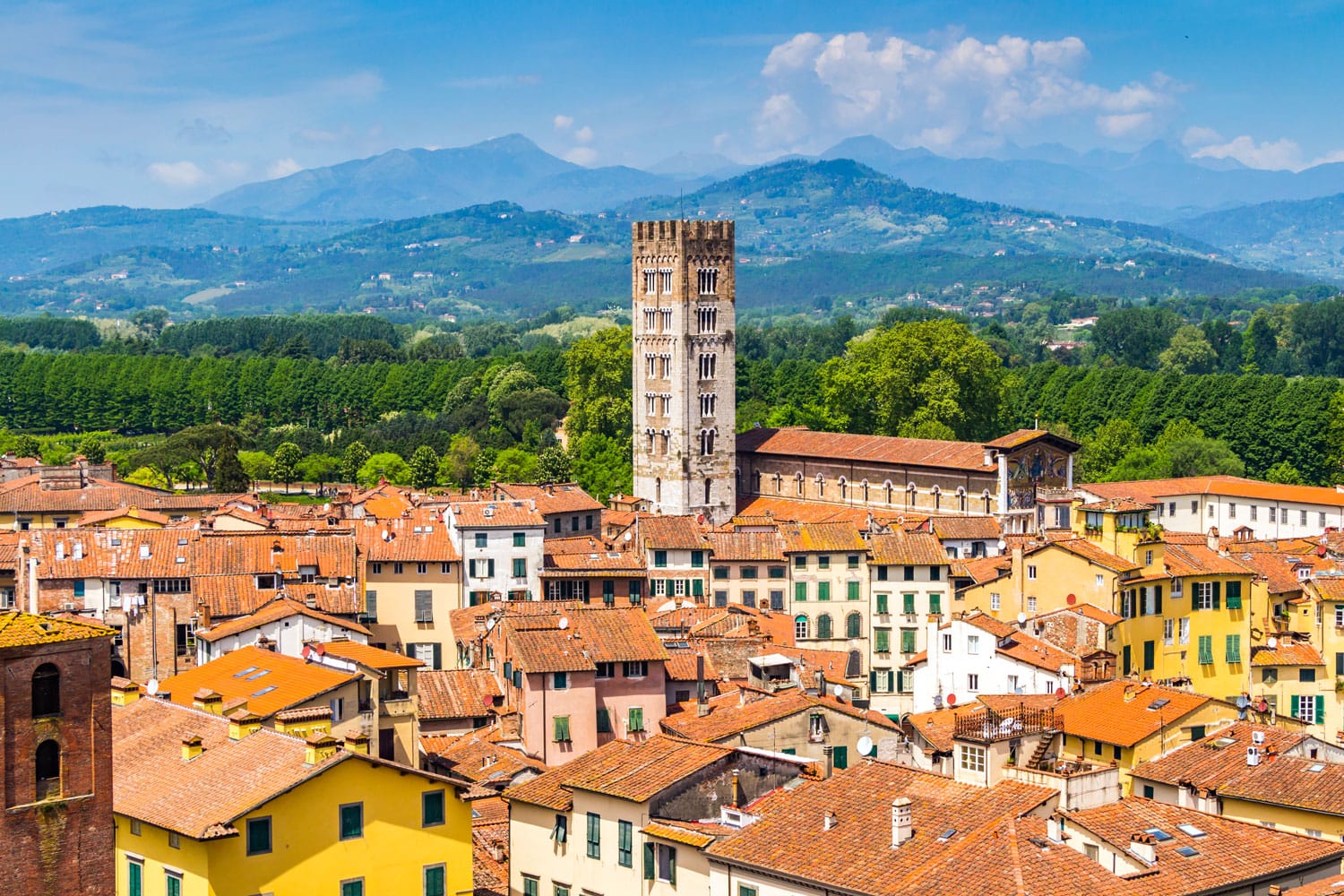 View over Italian town Lucca with typical terracotta roofs