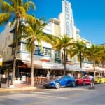 View along the famous vacation and tourist location on Ocean Drive in the Art Deco district of South Beach, Miami