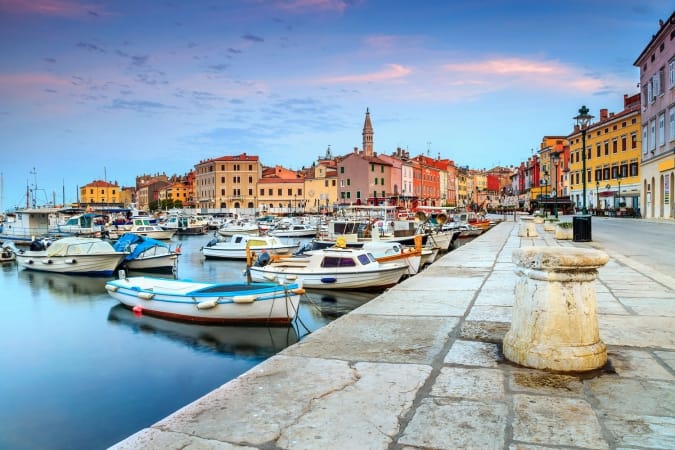 Stunning romantic old town of Rovinj with magical sunrise, Istrian Peninsula, Croatia.