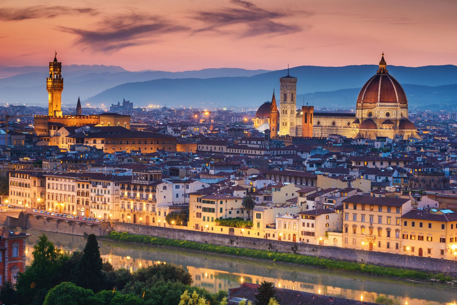 Beautiful sunset over Cathedral of Santa Maria del Fiore (Duomo), Florence, Italy