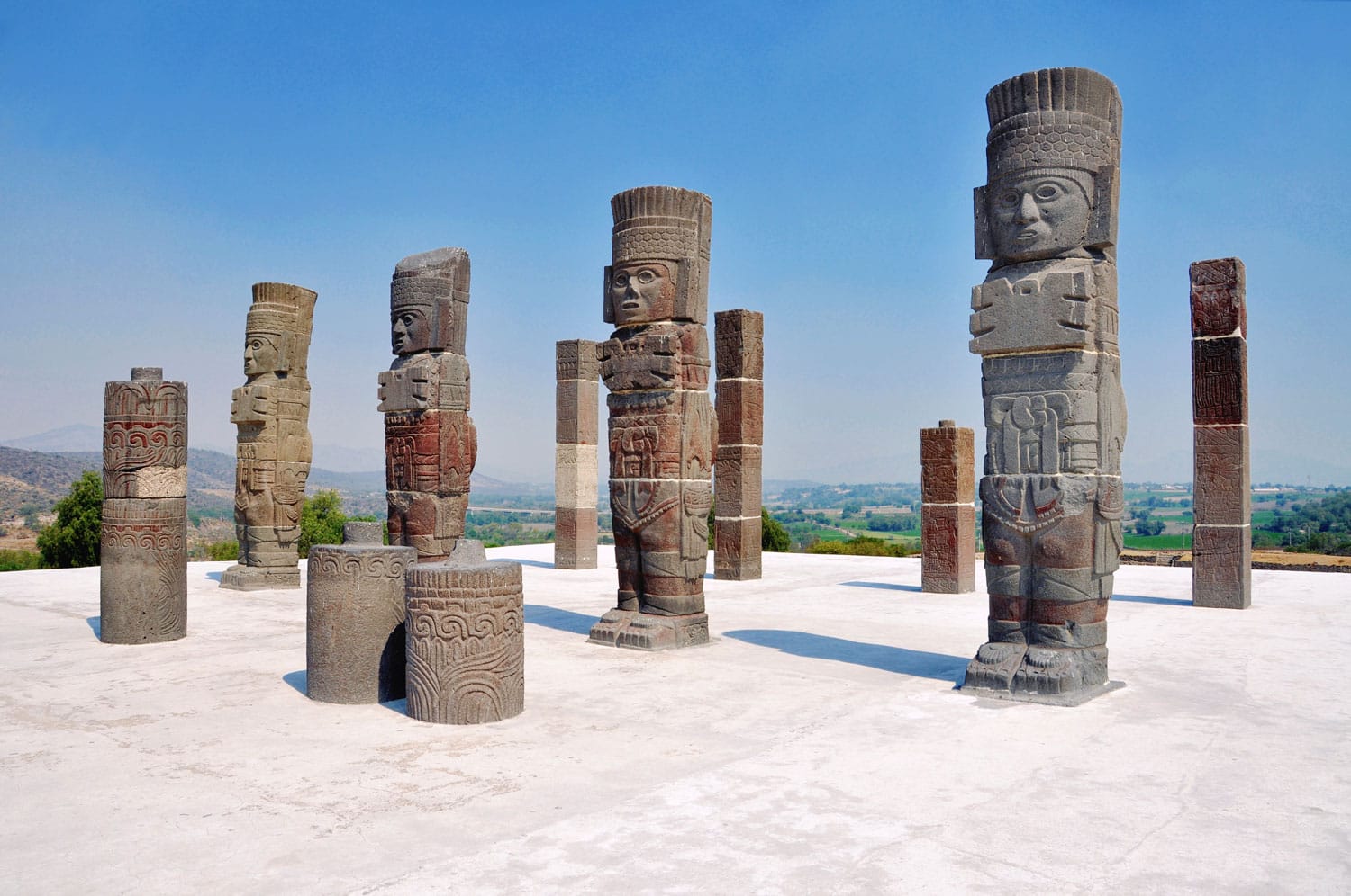 Pyramid of Quetzalcoatl (Morning Star) with Toltec Warriors columns in ceremonial site, Tula Grande, Mexico