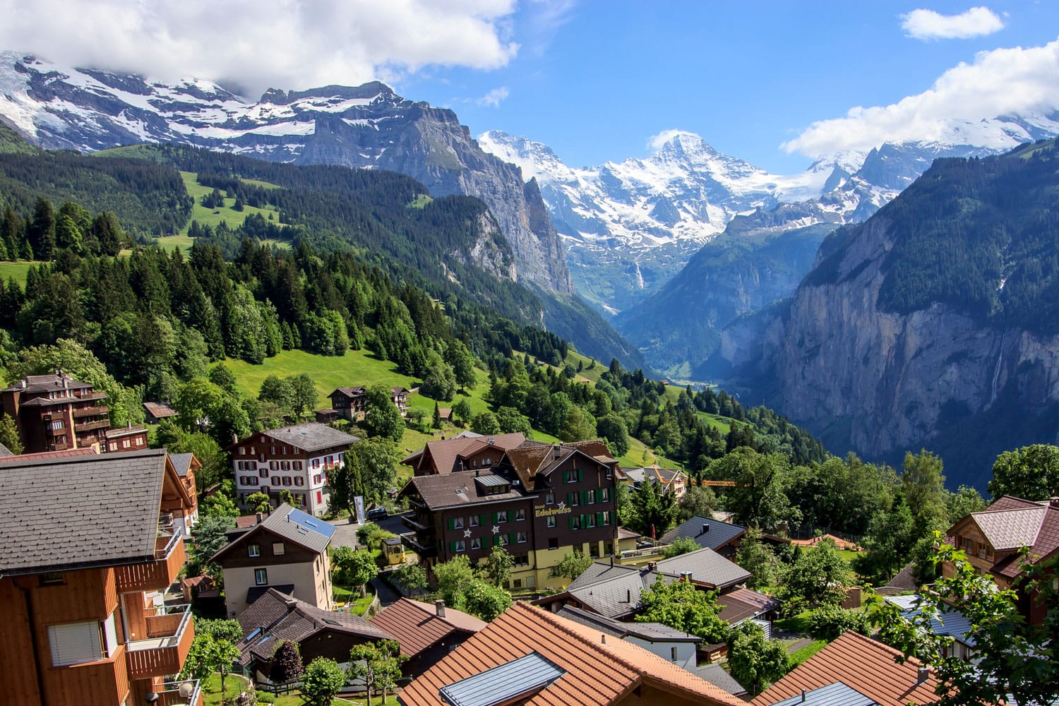 View of Wengen town, Jungfrau and Lauterbrunnen valley, Switzerland
