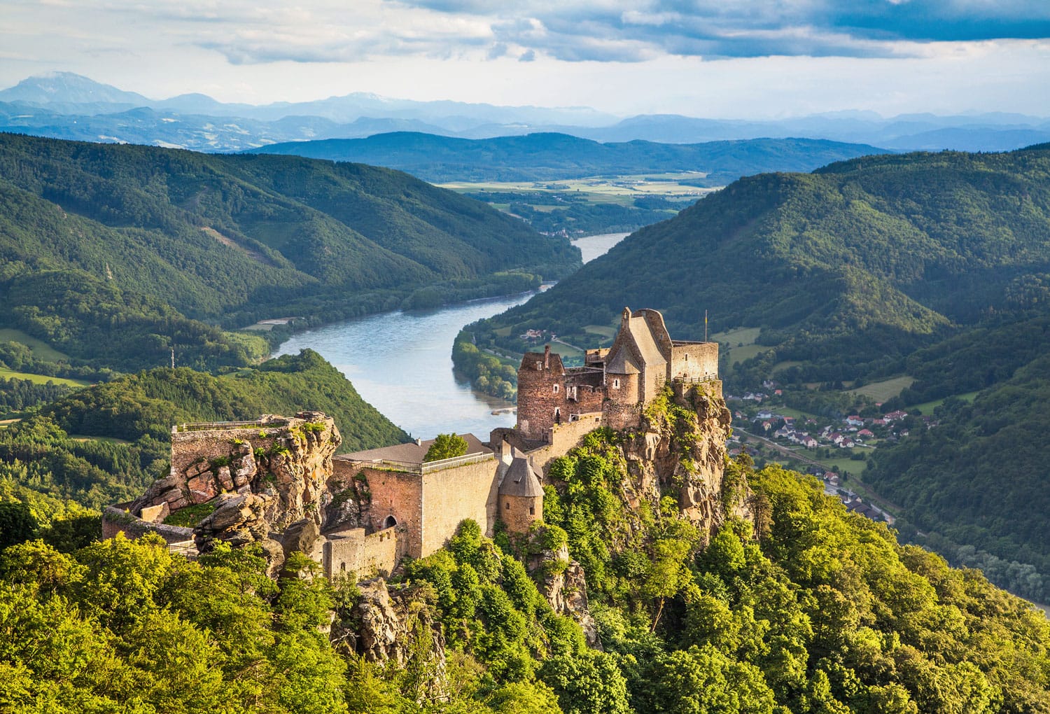 Beautiful landscape with Aggstein castle ruin and Danube river at sunset in Wachau, Austria