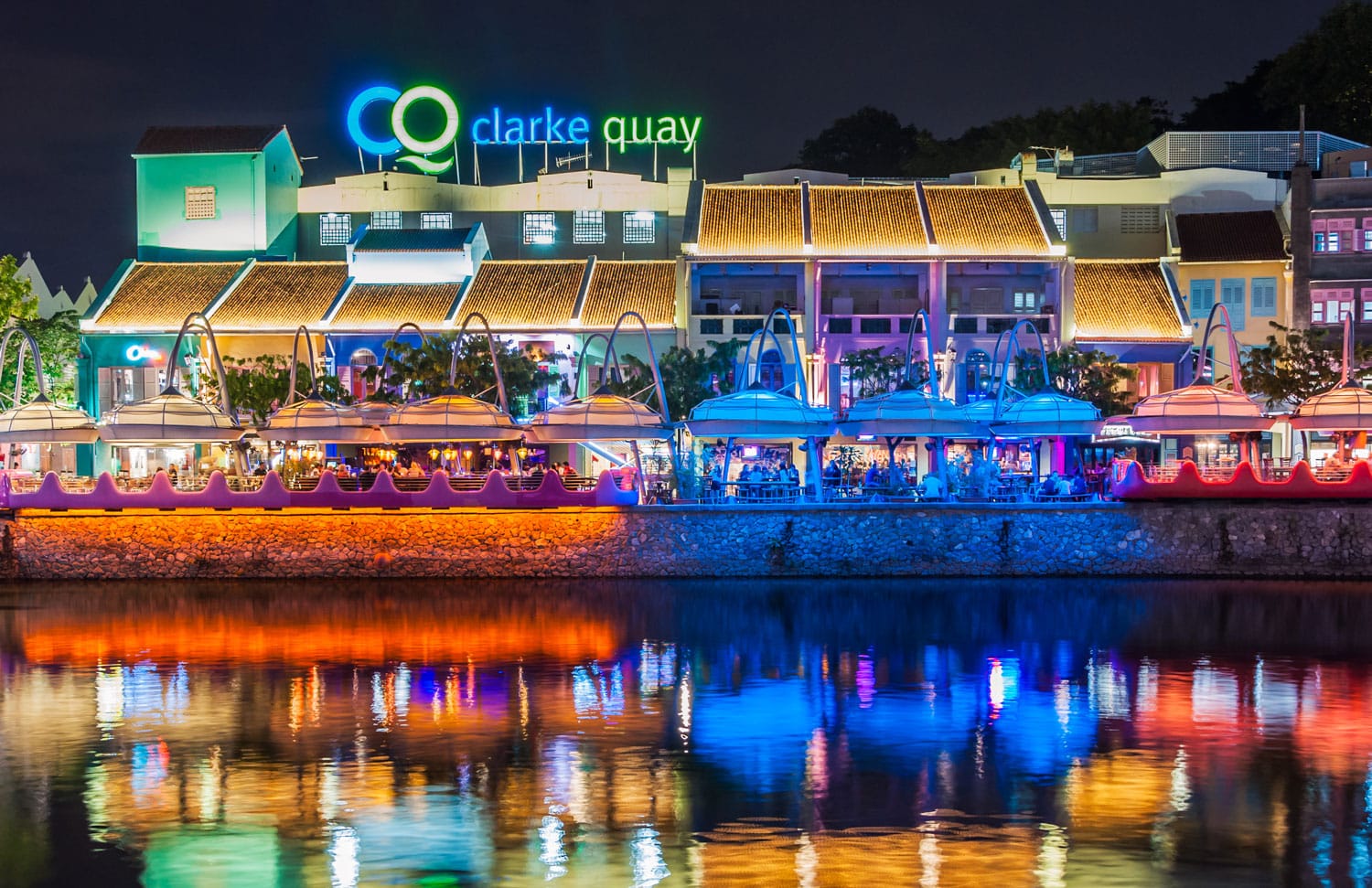 Colorfully lit buildings in Clarke Quay, Singapore