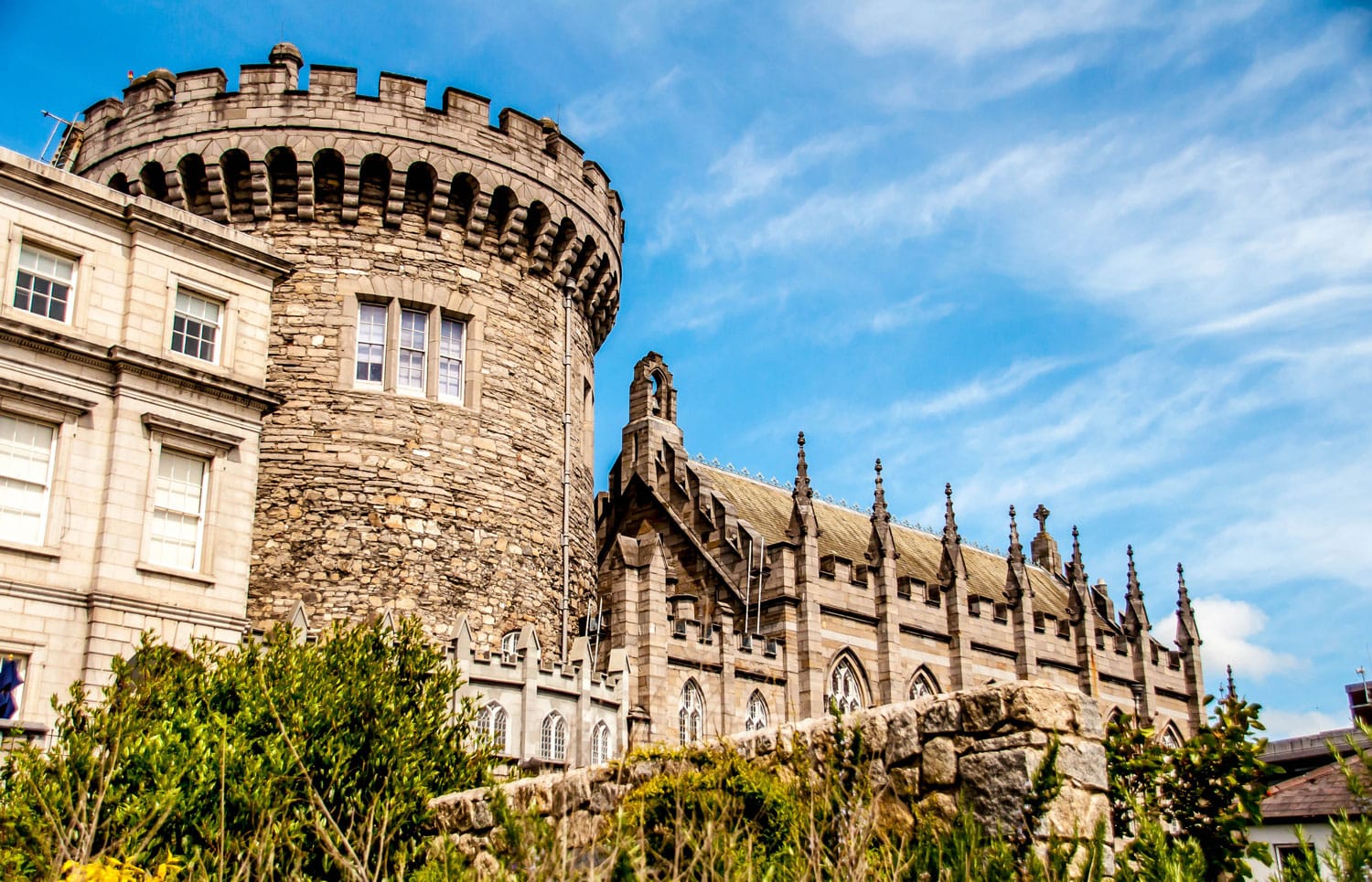 Panoramic view of a strong tower of the Dublin castle, in Dublin, Ireland