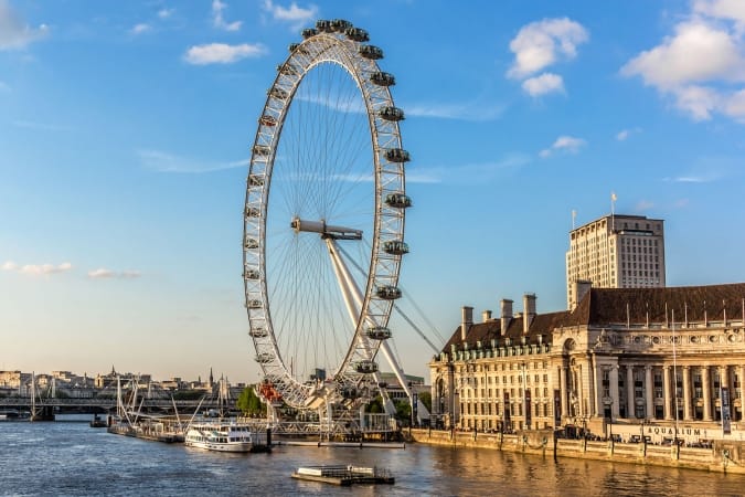 View of the London Eye at sunset in London, UK