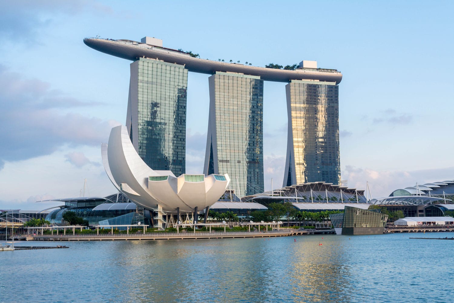 View at the Marina Bay with the iconic landmarks of The Helix Bridge in Singapore