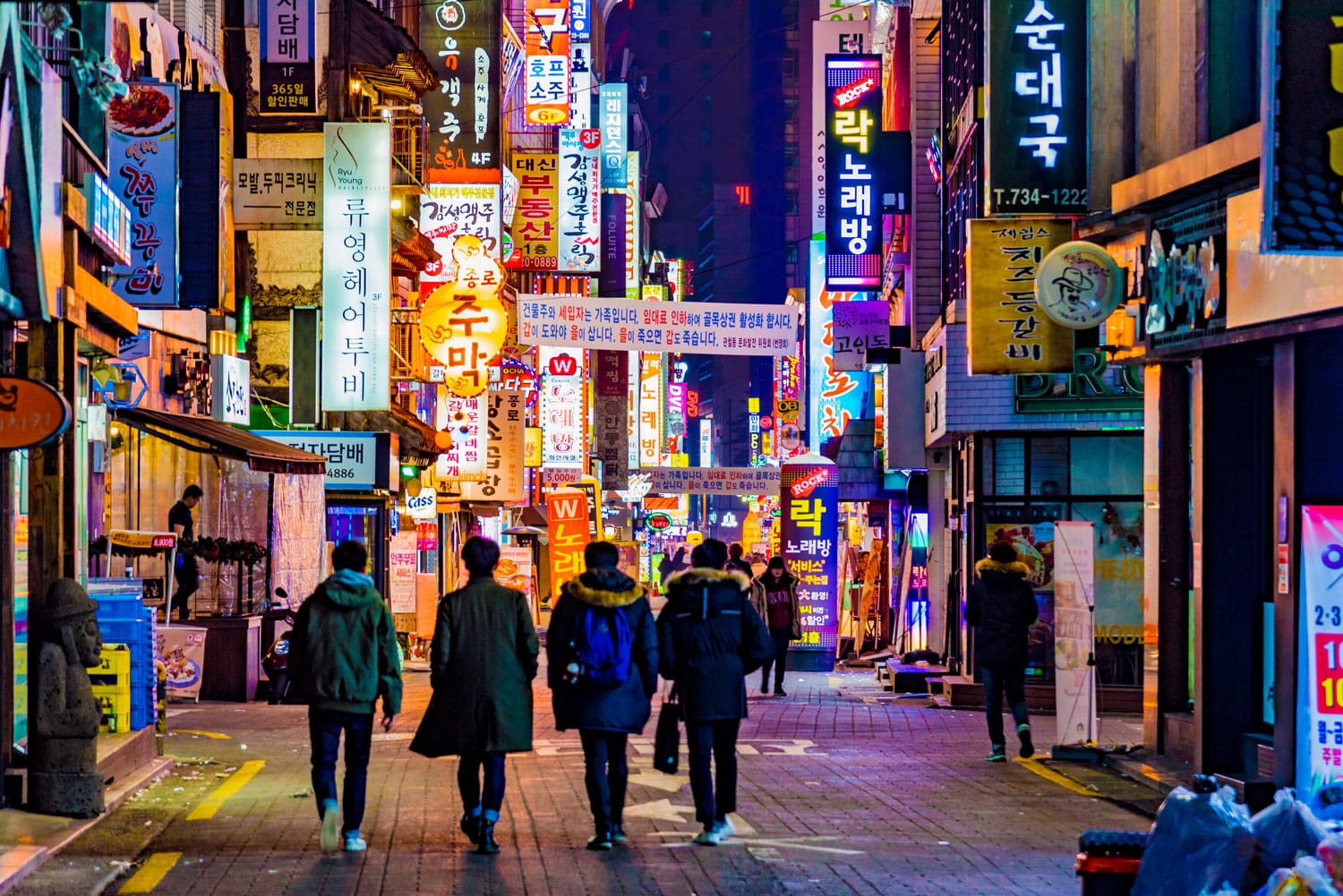 olorful billboards on the street of Seoul, South Korea at night