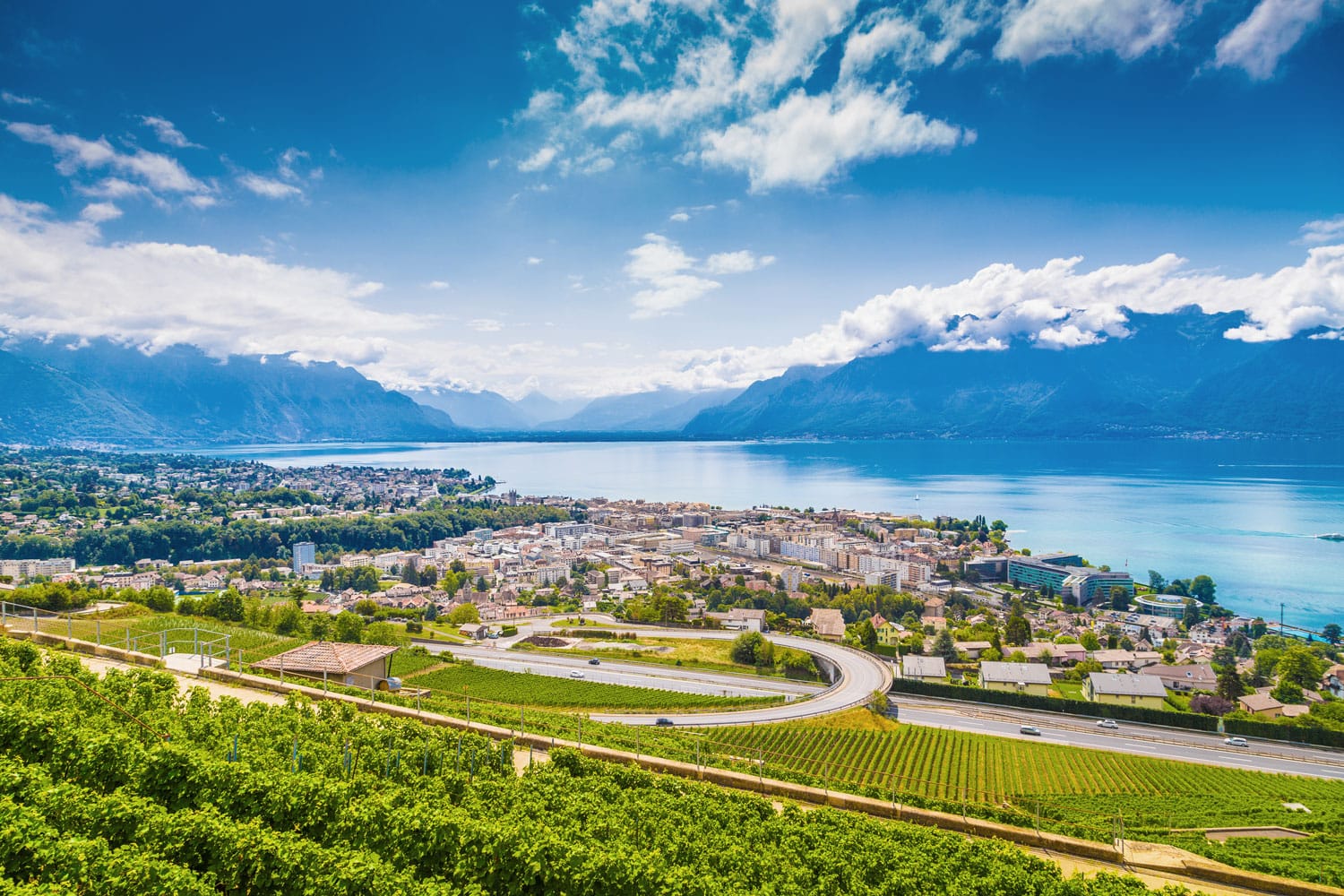 Aerial panoramic view of the city of Vevey at Lake Geneva in Canton of Vaud, Switzerland