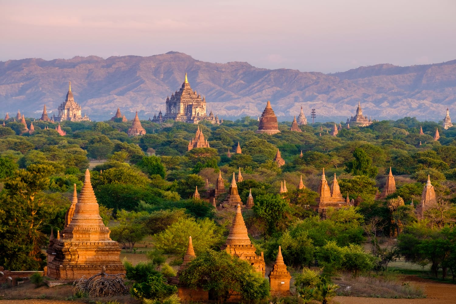 Sunrise landscape view with silhouettes of old temples, Bagan, Myanmar (Burma)