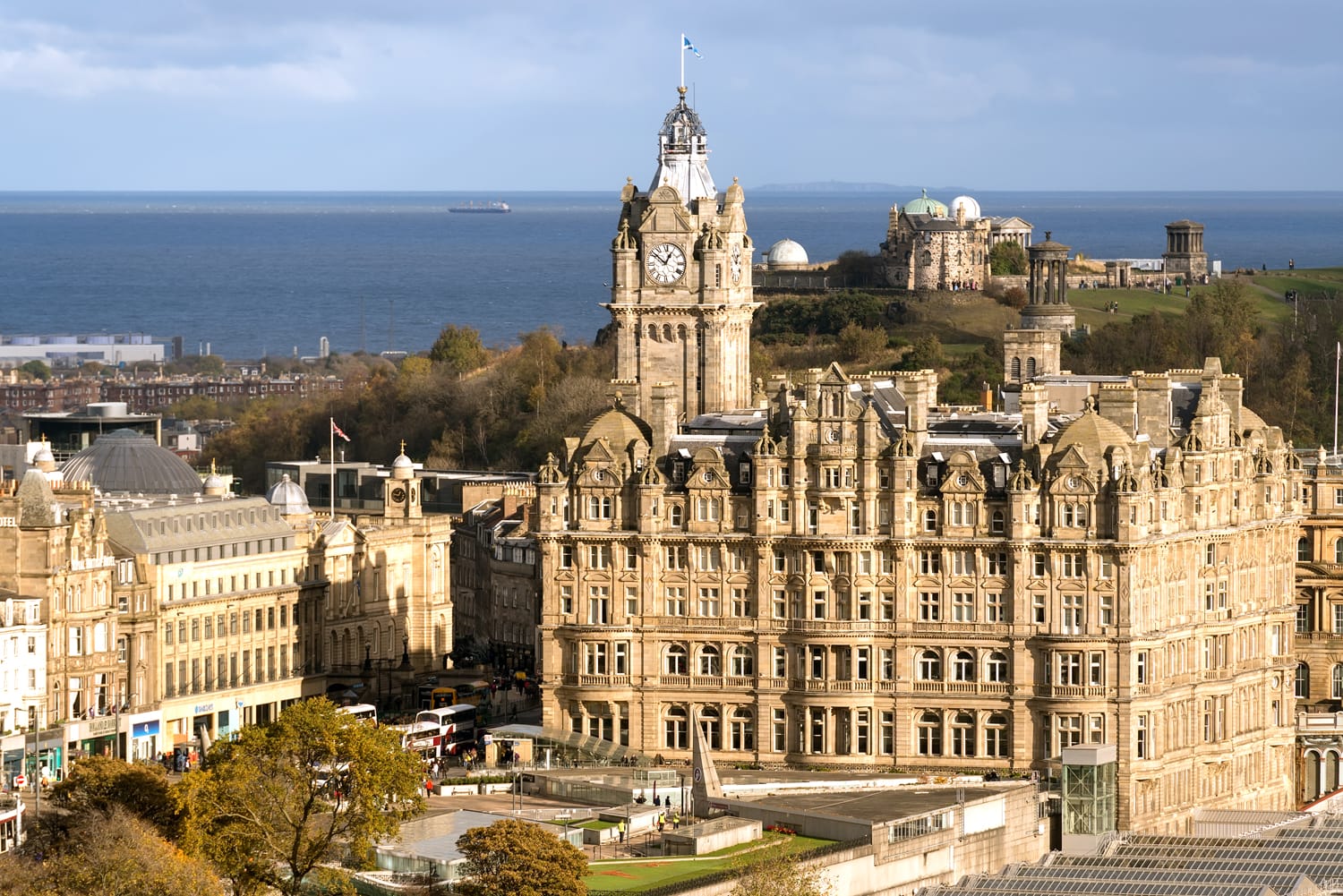 View on Ballmoral Hotel and Calton Hill from the walls of the Castle