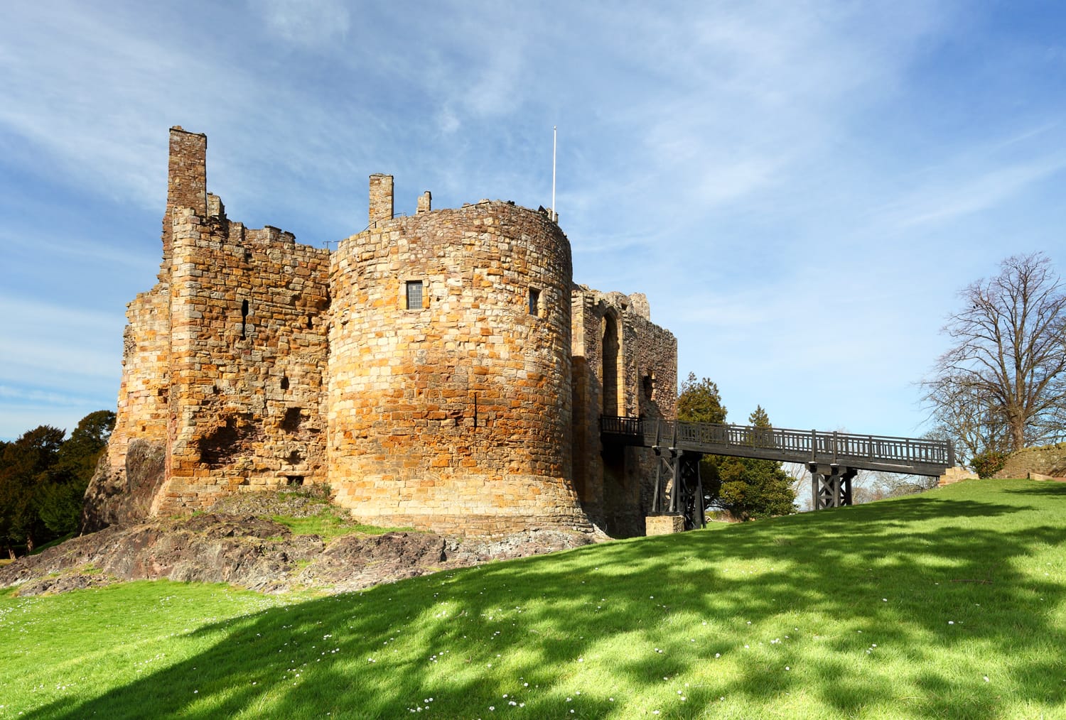 The ruin of 13th century Dirleton Castle, Dirleton, East Lothian on a sunny day