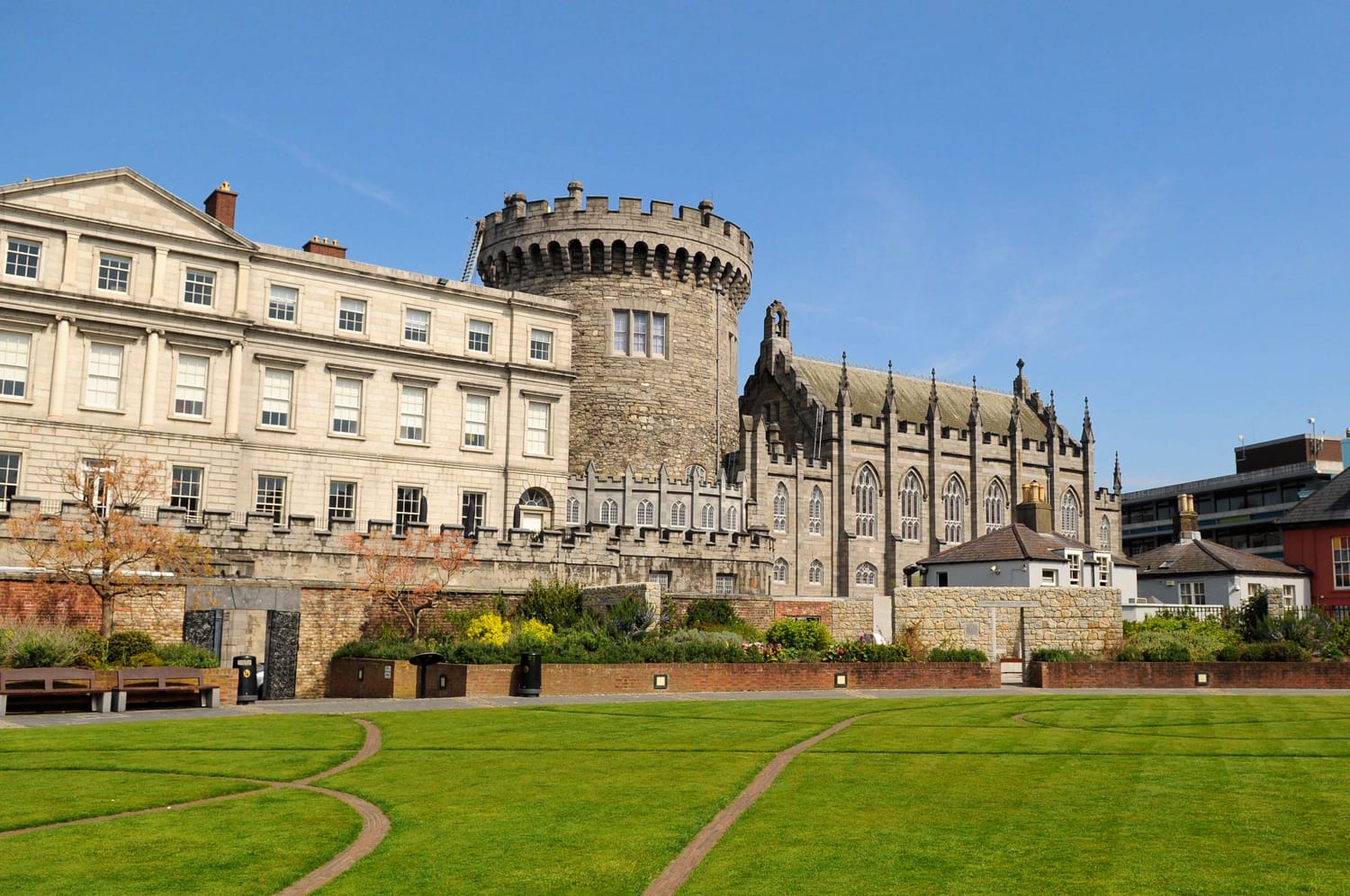 Dublin Castle from Dubh Linn gardens on a sunny spring day, Dublin, Ireland