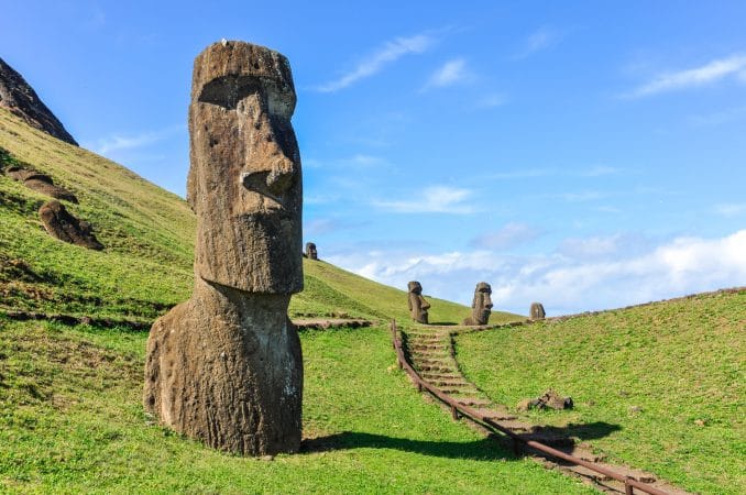 Moai statues in the Rano Raraku Volcano in Easter Island, Chile