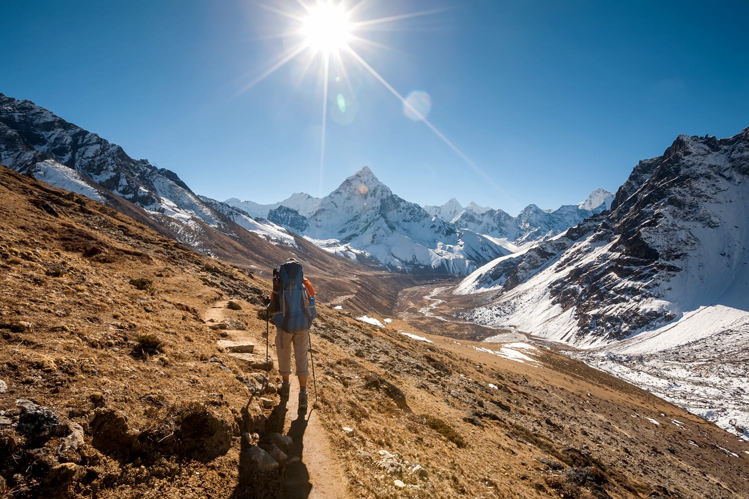 Trekker in Khumbu valley in front of Abadablan mount on a way to Everest Base camp