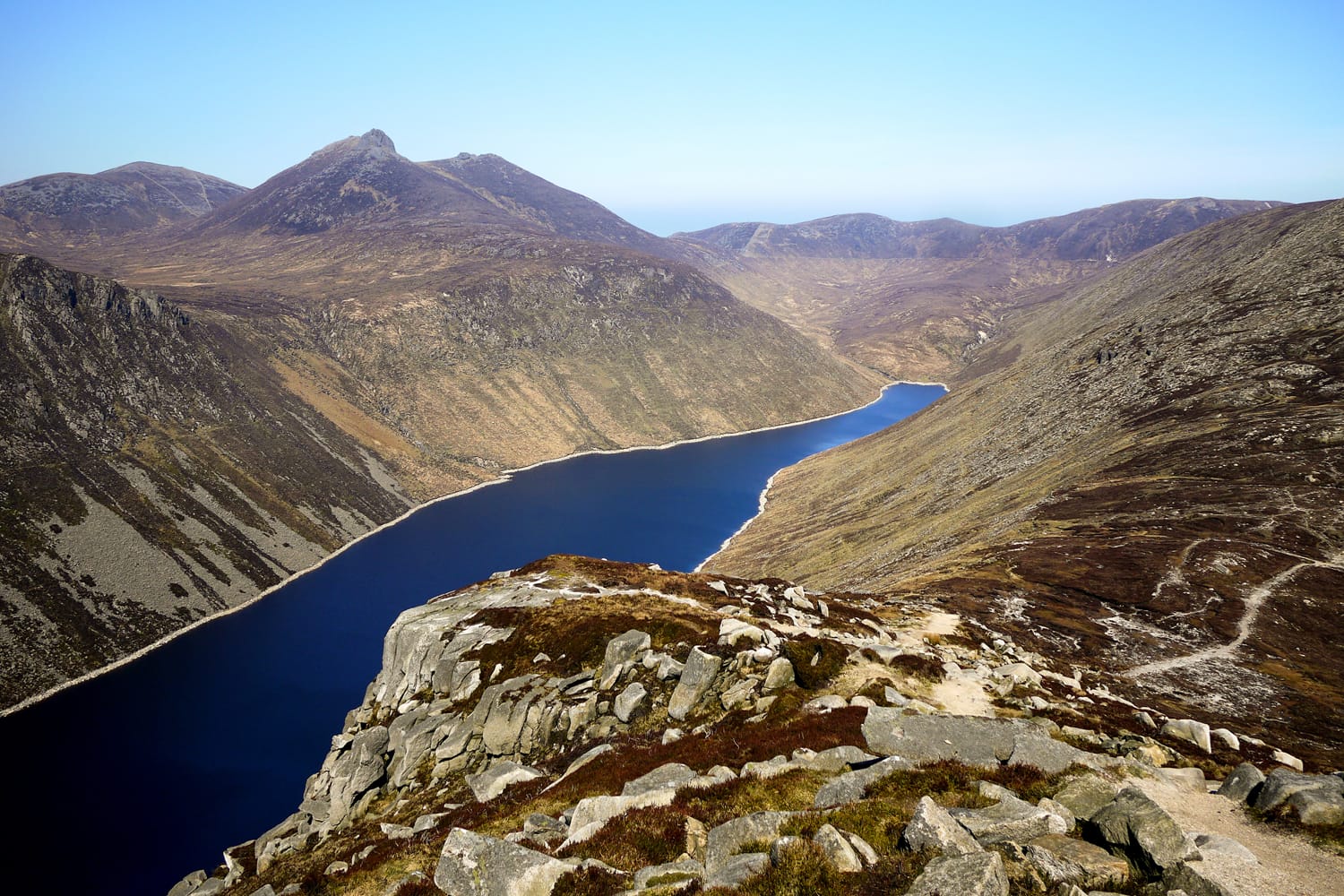 Ben Crom Reservoir in the Mourne Mountains, County Down, Northern Ireland, seen from Slieve Binnian.