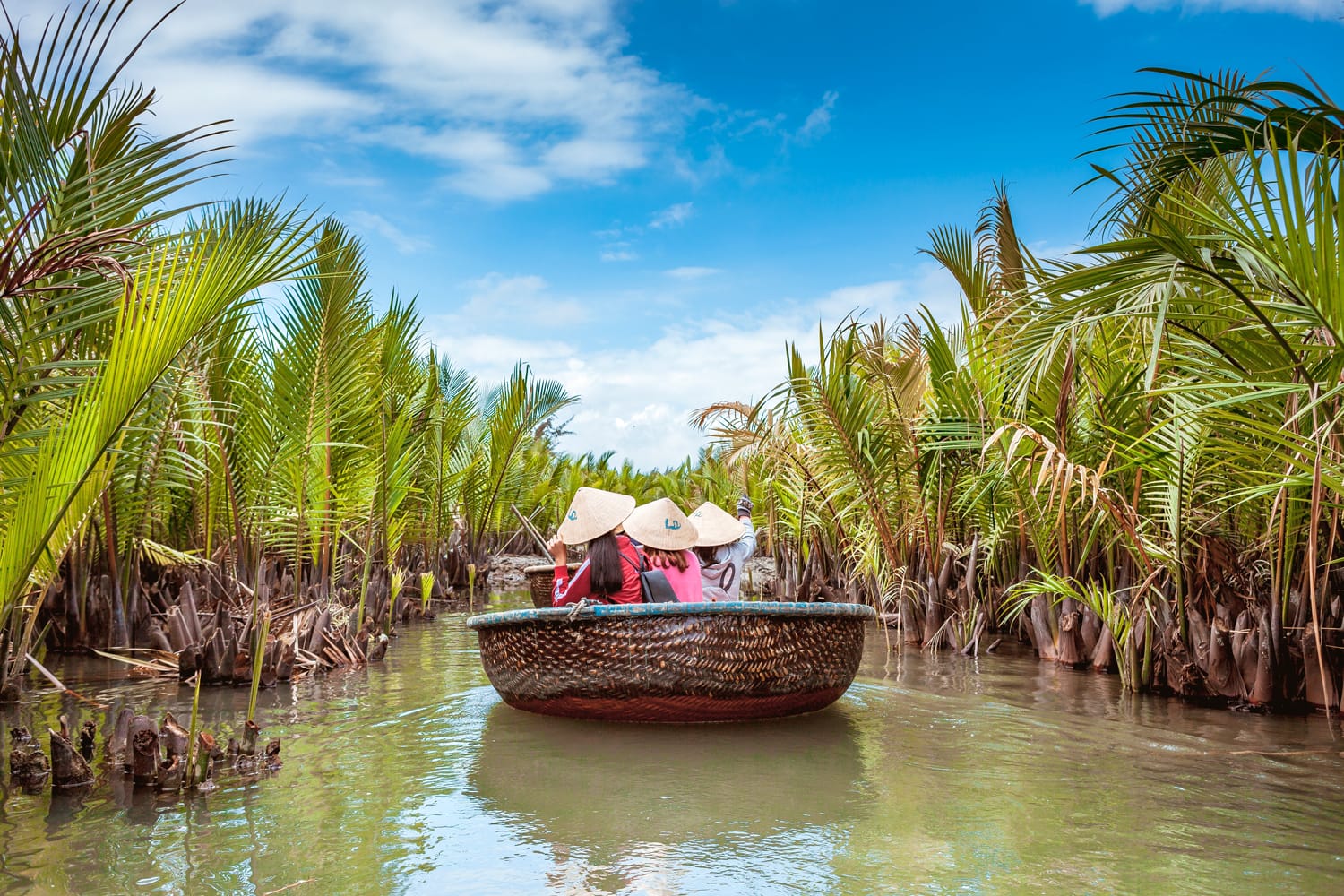Tourists visit water coconut forest in Hoi An, Vietnam