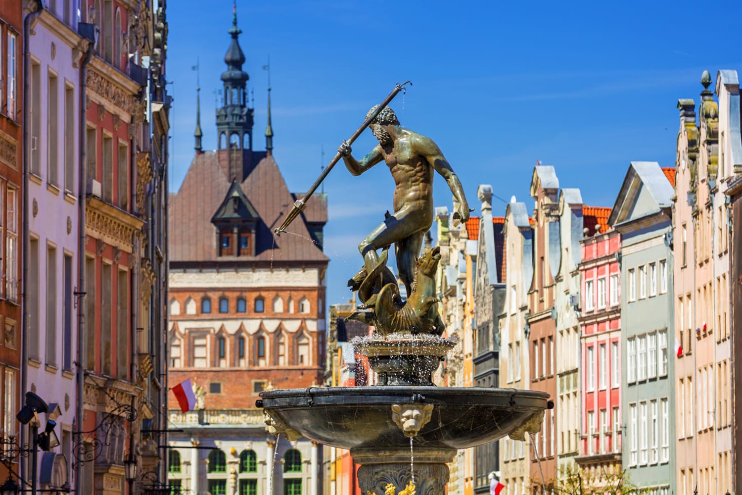 Fountain of the Neptune in old town of Gdansk, Poland