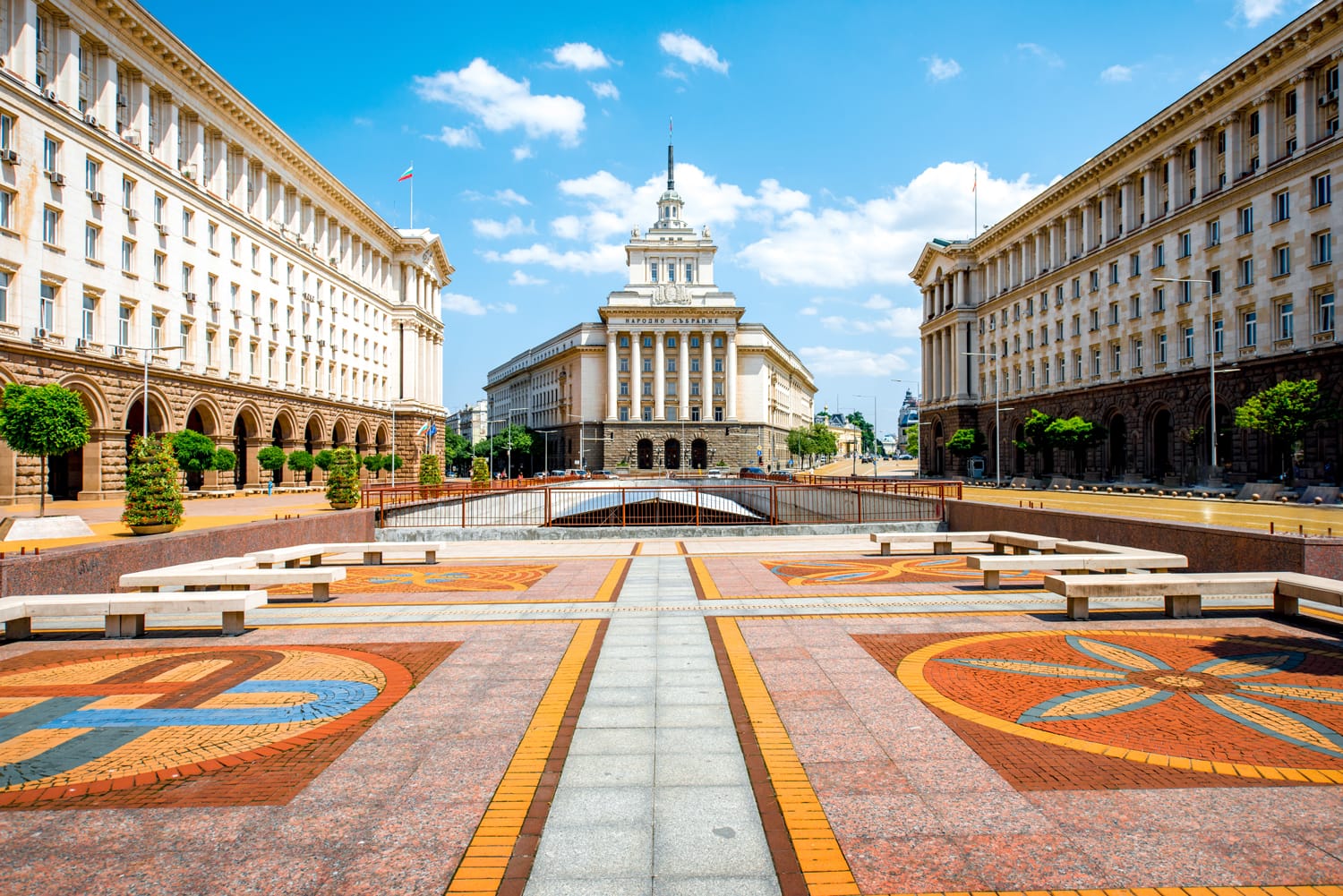 An architectural ensemble of three Socialist Classicism edifices in central Sofia, the capital of Bulgaria