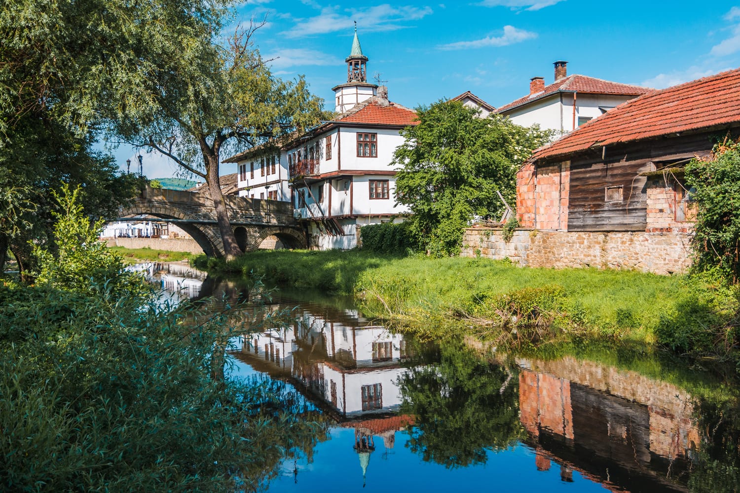 Beautiful view of the Clock tower and the old town in the architectural traditional complex in Tryavna, Bulgaria