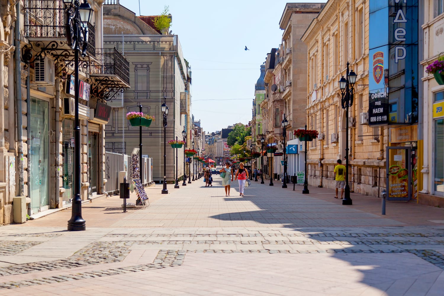Tourists on the walkway in the center of Ruse, Bulgaria