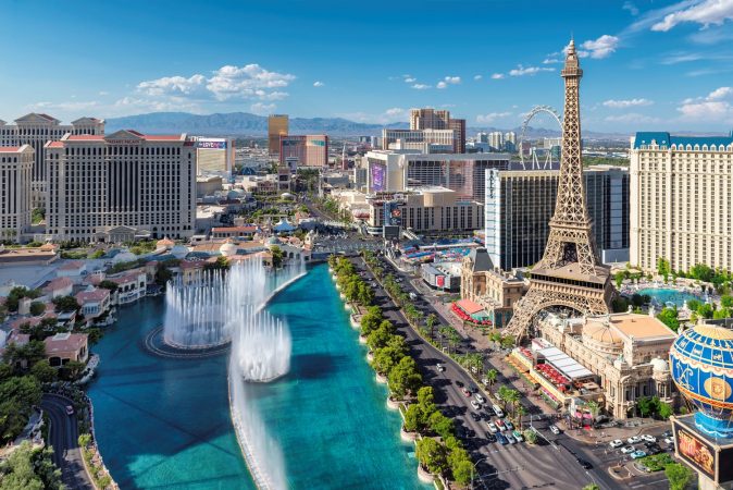 Aerial view of fountain show and Las Vegas strip in Nevada