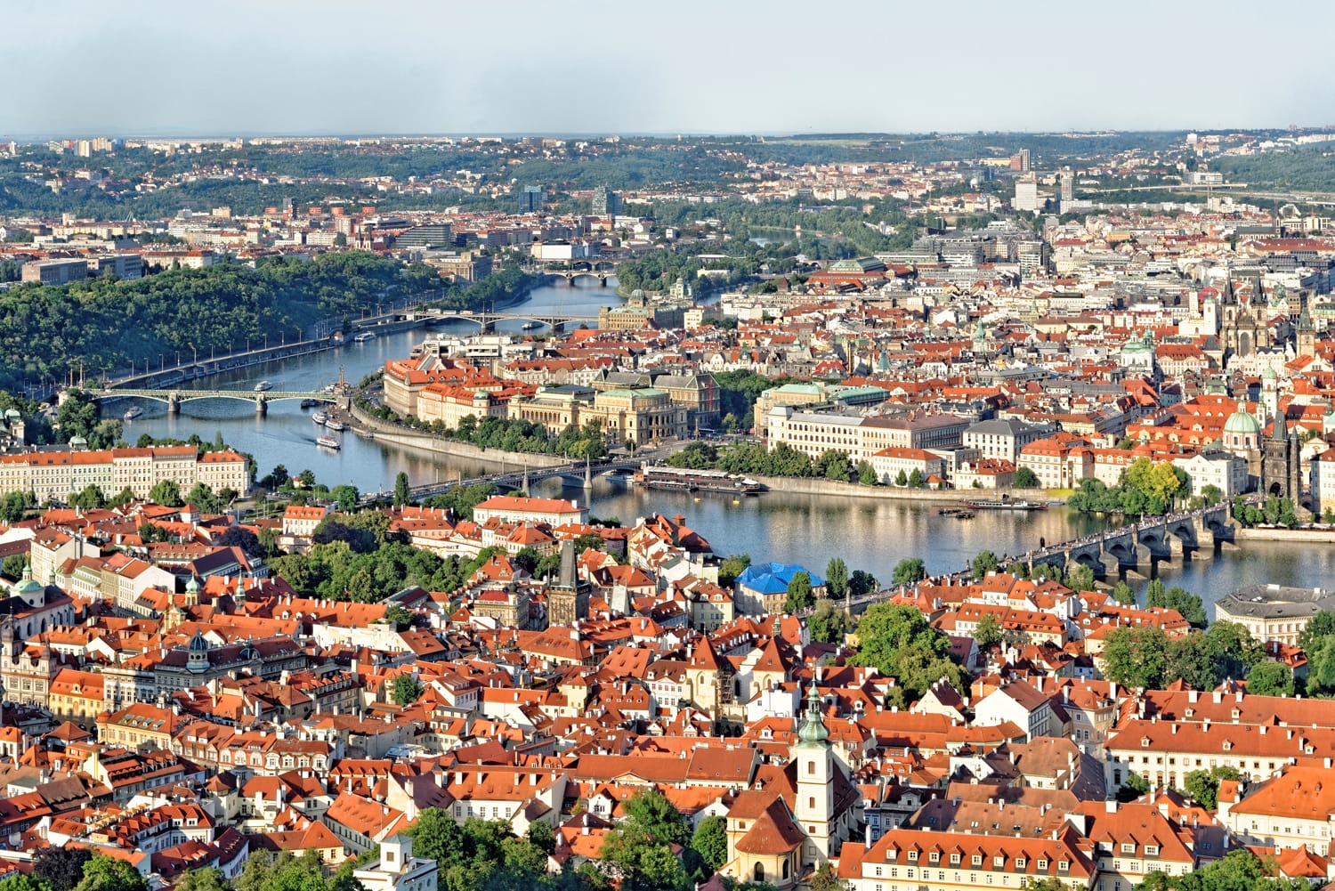 Aerial view of Prague, Czech Republic from Petrin Hill Observation Tower.