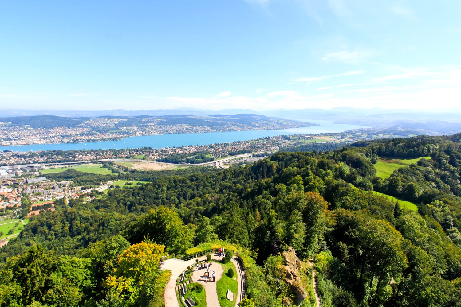 The aerial view of Lake Zurich from the top of Mount Uetliberg