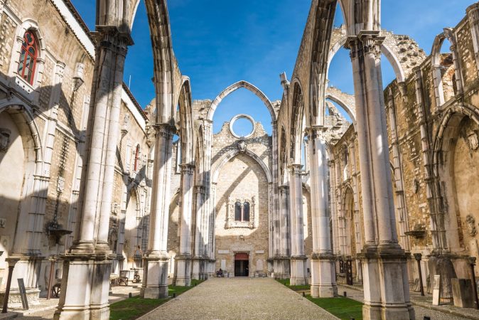 Interiors of the roofless Carmo Convent in Lisbon, Portugal