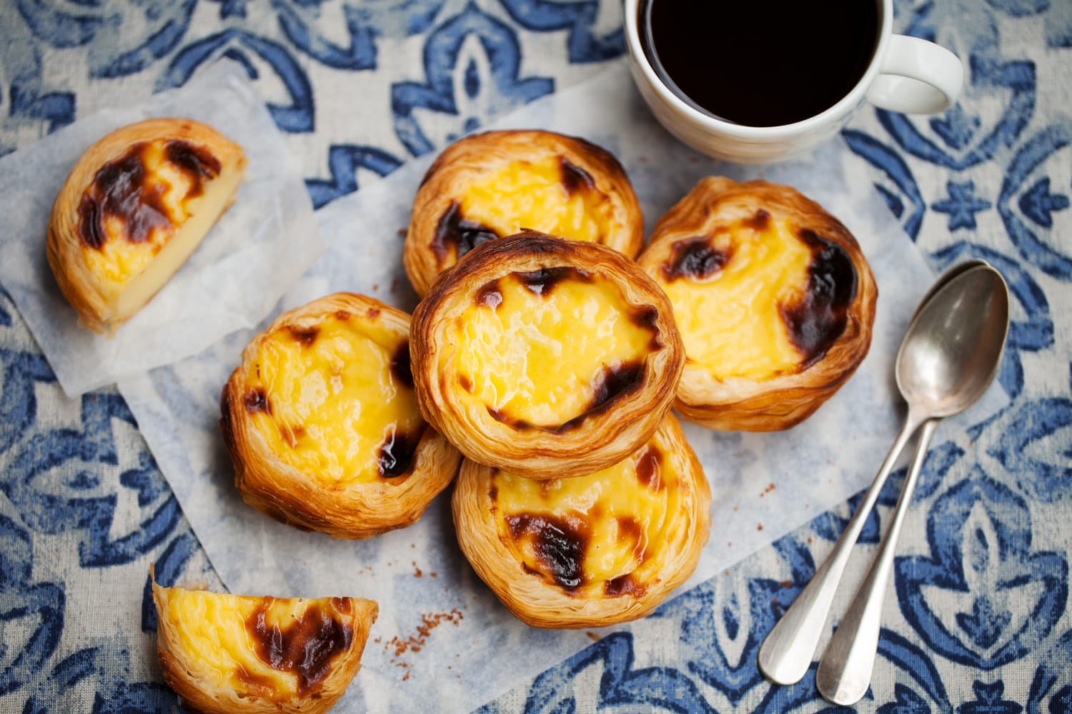 Egg tart, traditional Portuguese dessert, pastel de nata with coffee