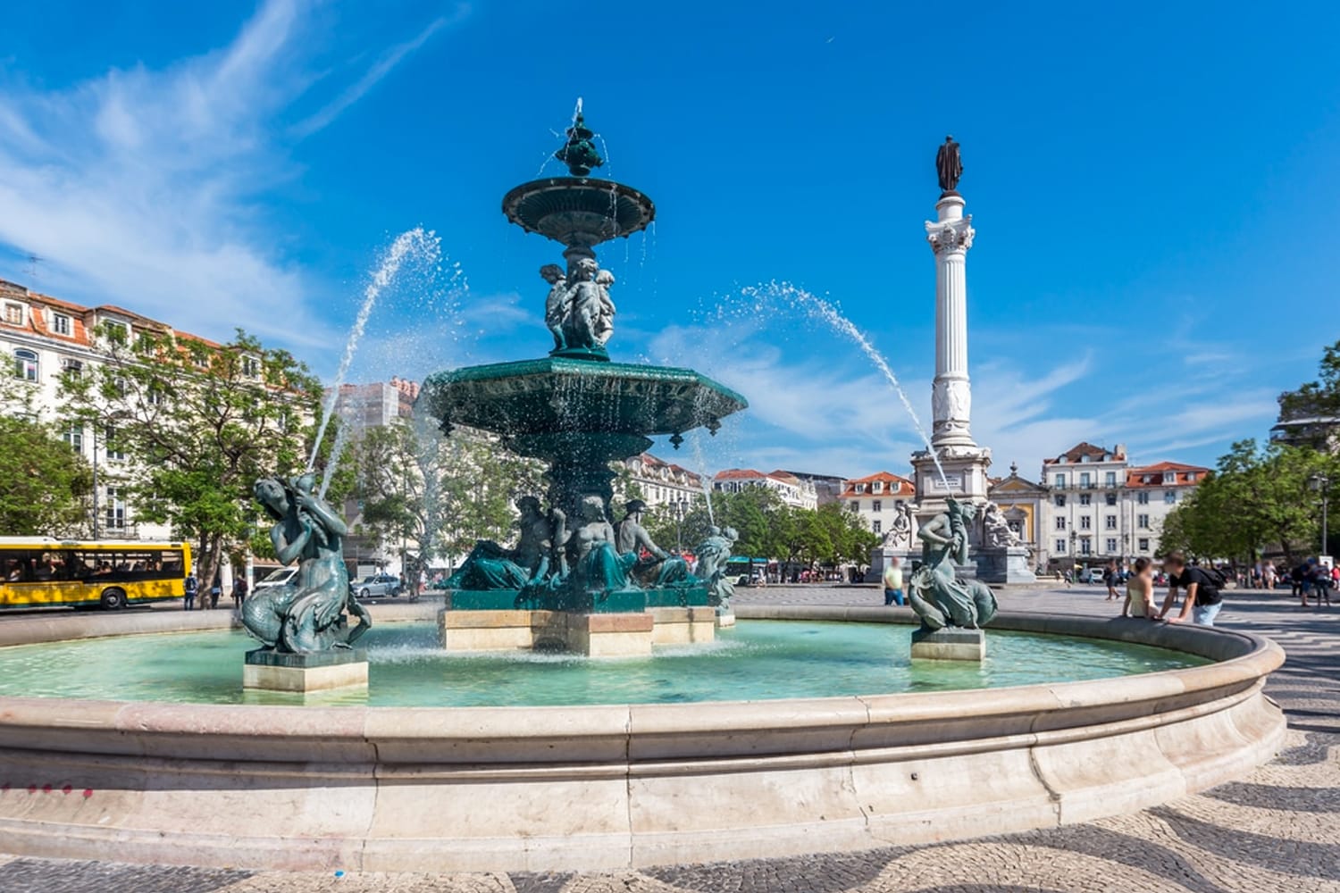 Rossio square old town in baixa district on sunny day at Lisbon, Portugal