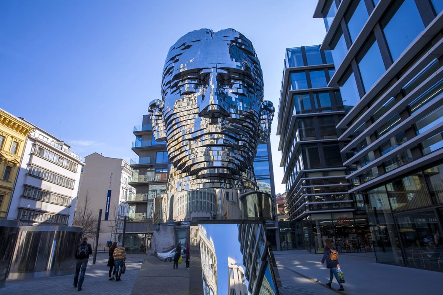 Statue of Franz Kafka, the latest work by artist David Cerny is located at yard of the shopping center Quadrio (metro Narodni trida). Prague, Czech Republic