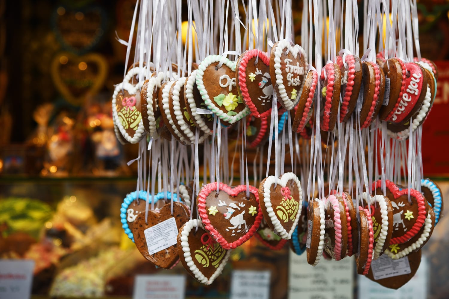 Gingerbread hearts sold at a Christmas market in Germany