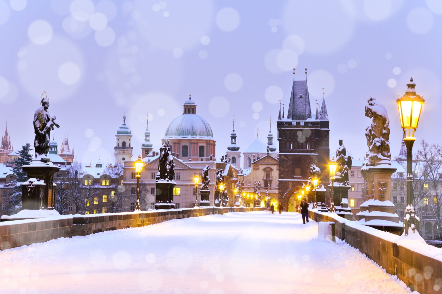 Charles bridge covered in snow, Prague, Czech Republic