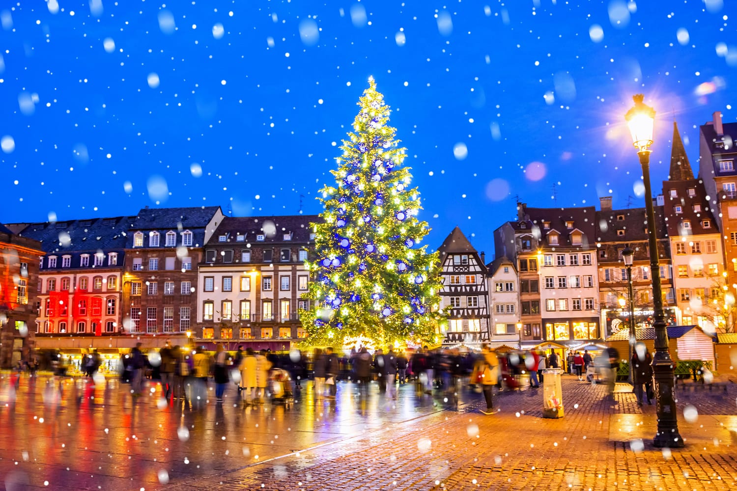 Christmas tree and xmas market at Kleber Square at night in medieval city of Strasbourg - capital of Noel, Alsace, France.