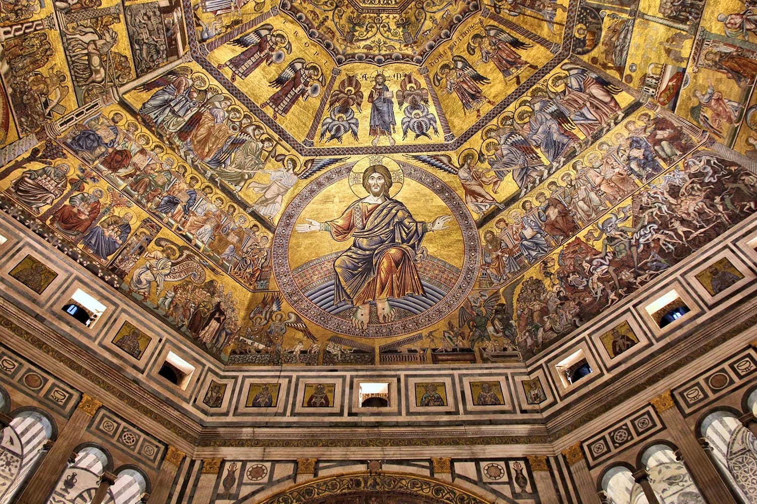 Interior view of the Baptistery of Saint John in Florence, Italy. The landmark features Florentine Romanesque style and has mosaics by Jacopo Torriti.