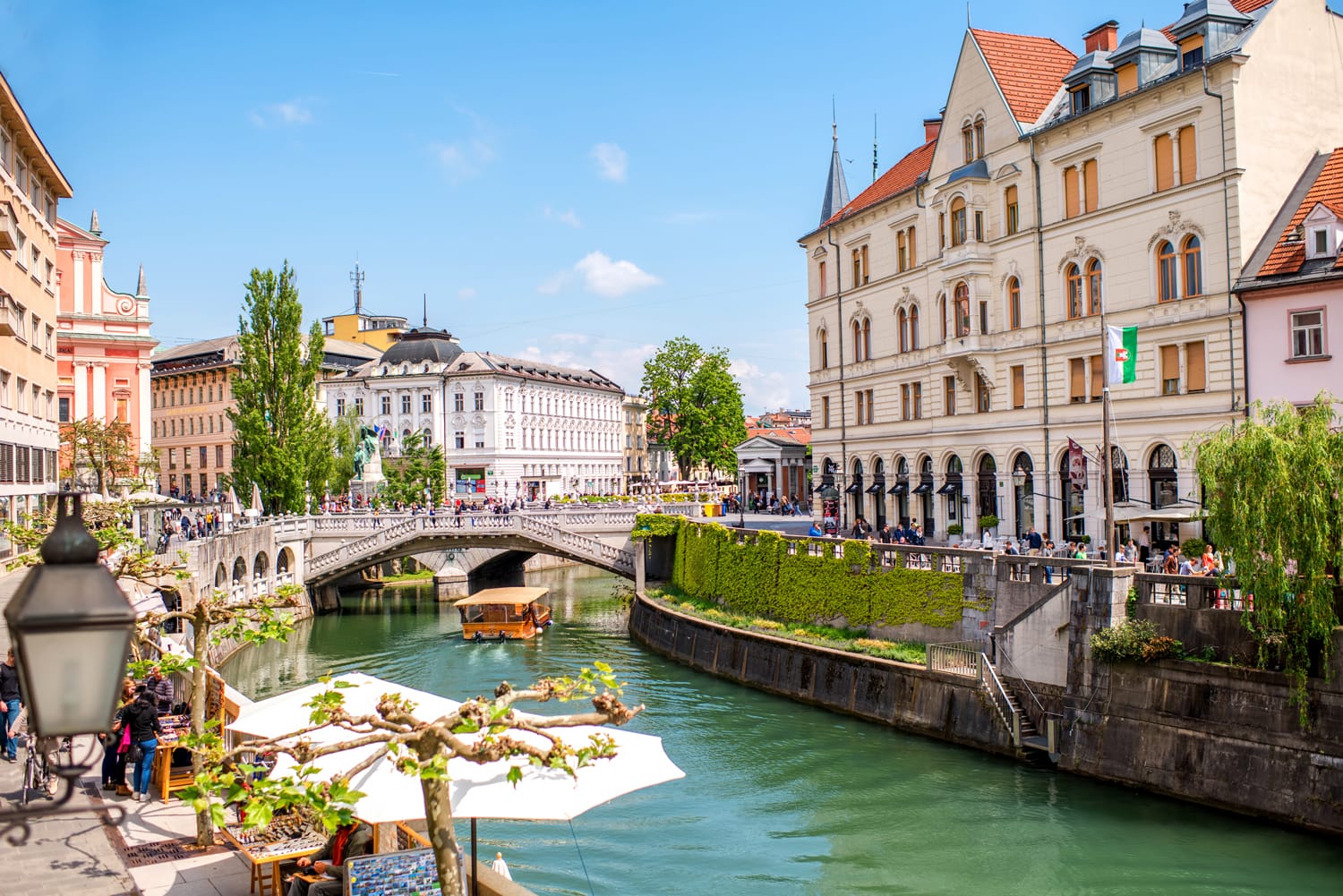 Cityscape view on Ljubljanica river canal in Ljubljana old town. Ljubljana is the capital of Slovenia and famous european tourist destination.