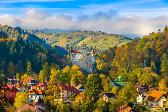 Panoramic view over Dracula medieval Castle Bran in autumn season, the most visited tourist attraction of Brasov, Transylvania, Romania