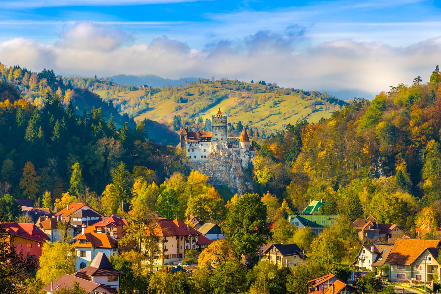 Panoramic view over Dracula medieval Castle Bran in autumn season, the most visited tourist attraction of Brasov, Transylvania, Romania