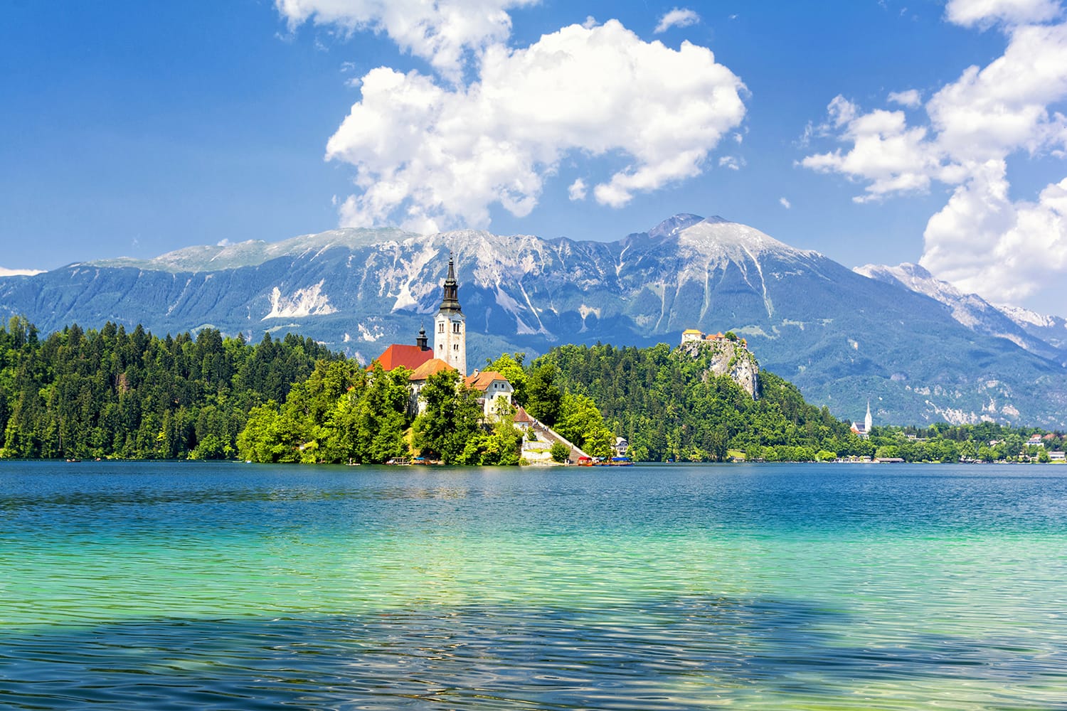 Bled with lake, island and mountains in background, Slovenia, Europe