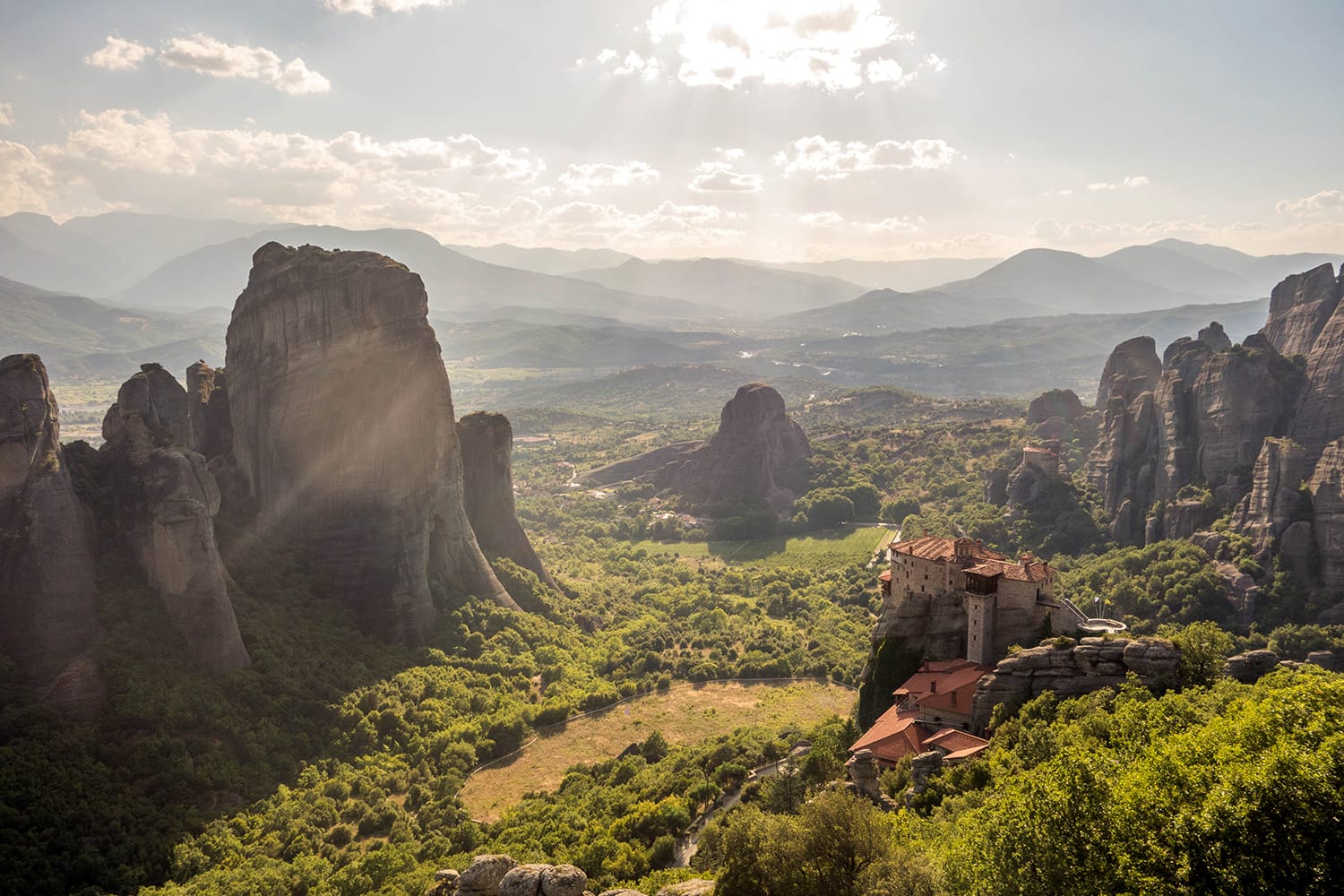 Sunset at Adrachti Pillar in Meteora, Greece