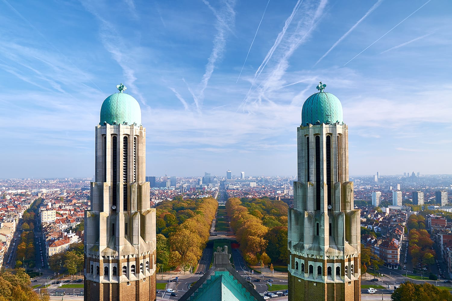 View from the roof of National Basilica of the Sacred Heart to the financial district in Brussels, Belgium