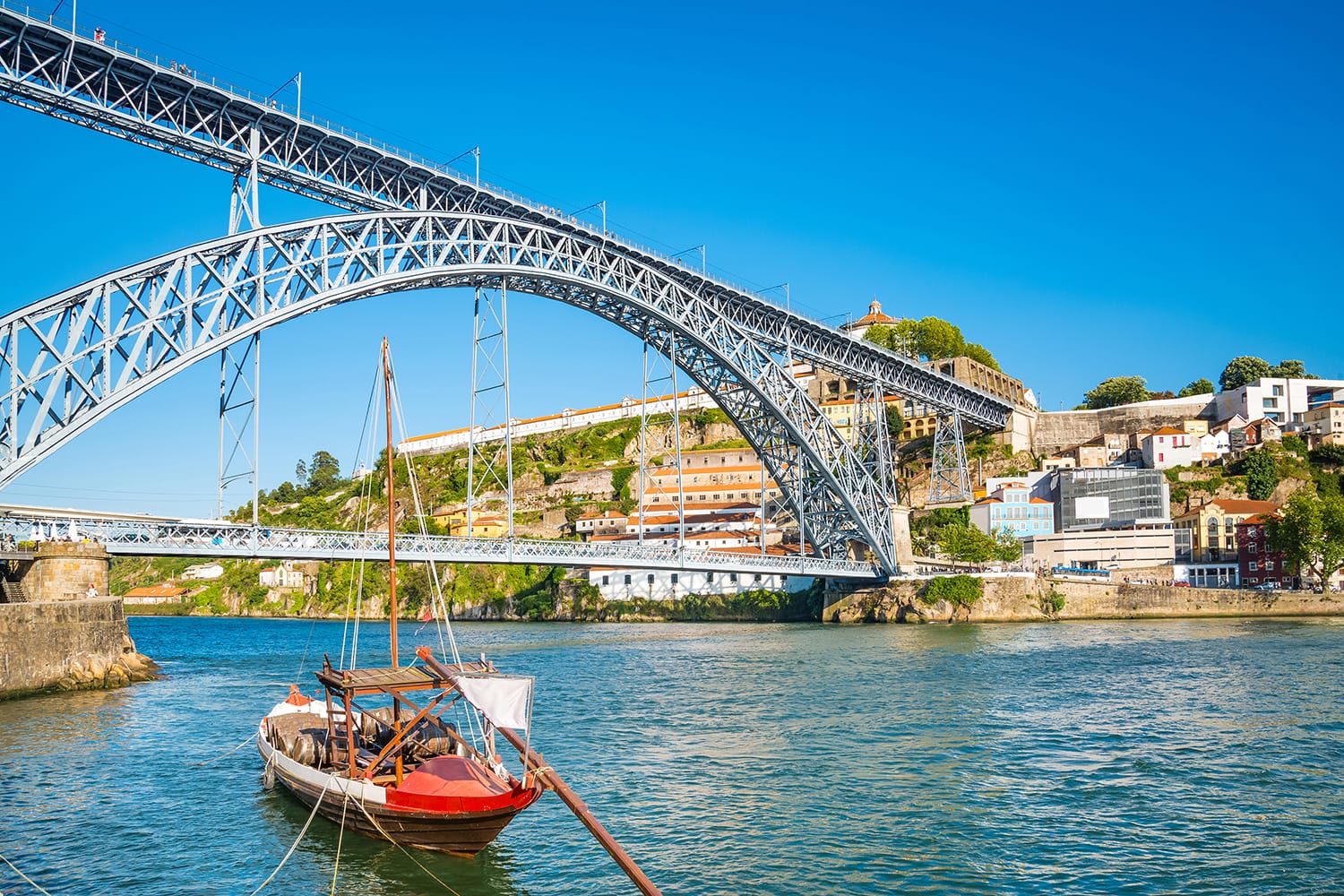 Oporto or Porto city skyline, Douro river, traditional boats and Dom Luis or Luiz iron bridge. Portugal, Europe.