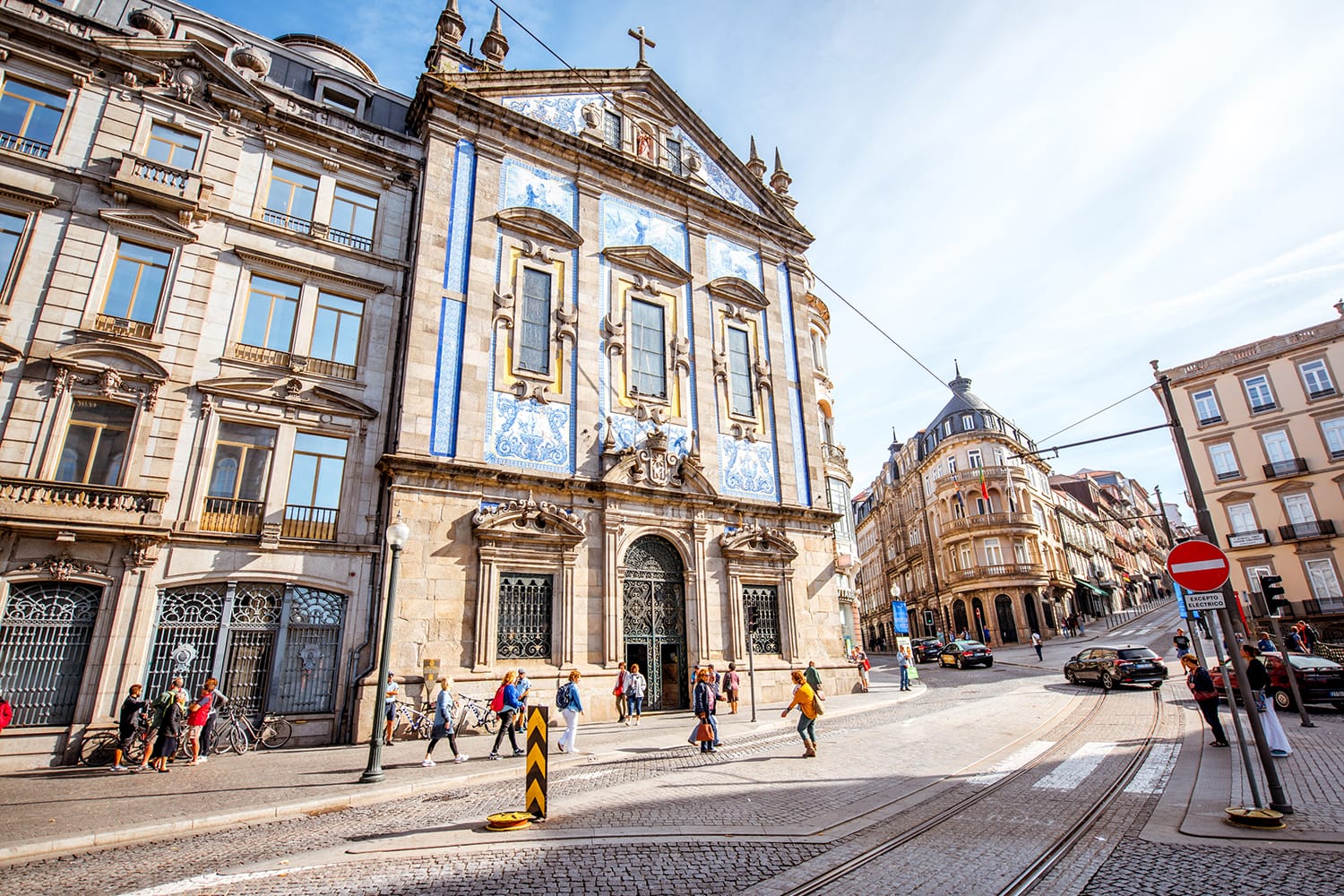 Street view on the facade with beautiful blue tiles of Congregados church in Porto city, Portugal