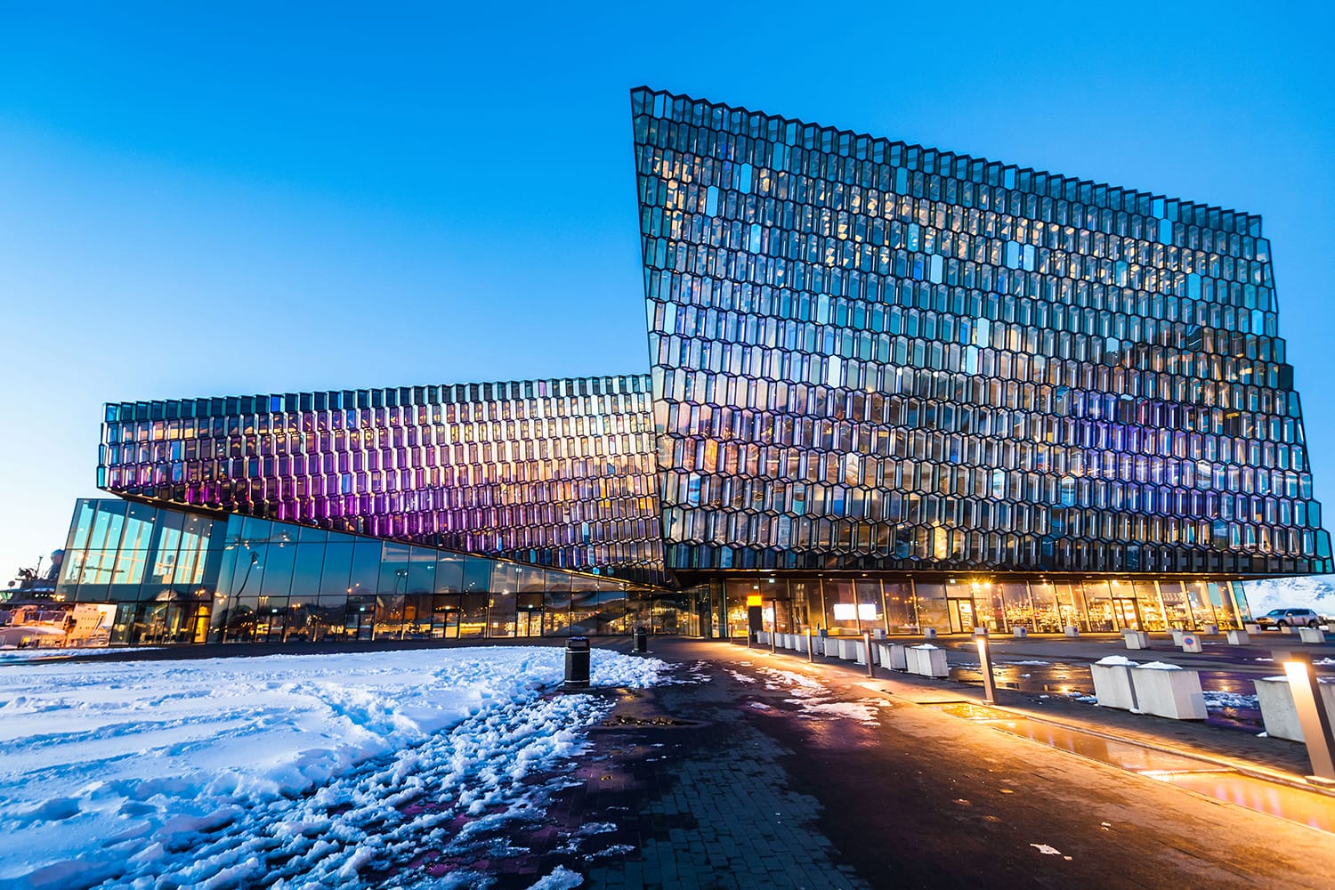 Harpa Concert Hall view during blue hour in Reykjavík, Iceland